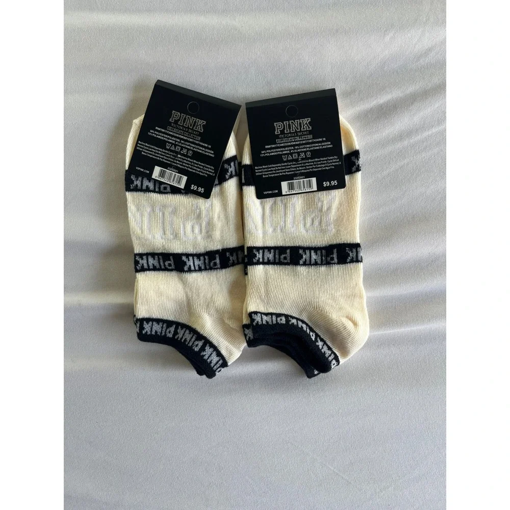 PINK Victorias Secret Collegiate Collection Ankle Socks‎ Cream Black 2 Pairs OS